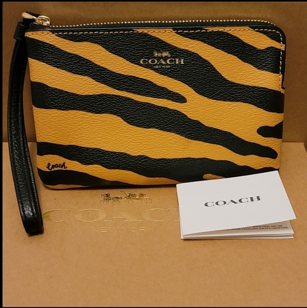 COACH Black & Yellow Zebra Print Leather Wristlet